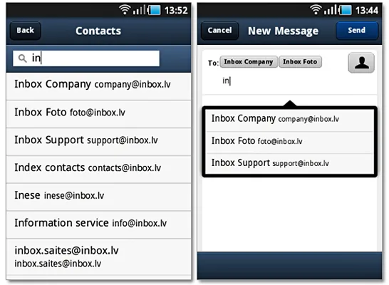 Inbox Mail mobile application’s version 2.3: contacts and mails’ moving