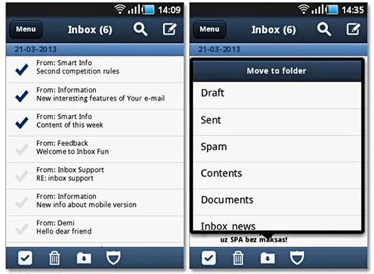 Inbox Mail mobile application’s version 2.3: contacts and mails’ moving