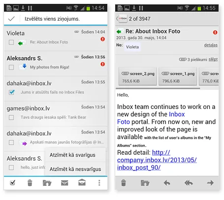 mobileLV Inbox Mobile: ir pieejama natīvā aplikācija Android operētājsistēmas versijai 4.0 un jaunākām