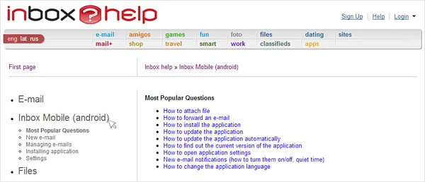 “Help” section on the Inbox Mobile application