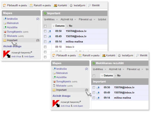 Inbox Mail: visu neizlasīto vēstuļu caurskatīšana mapē