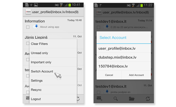 Inbox Mobile: managing several e-mail accounts