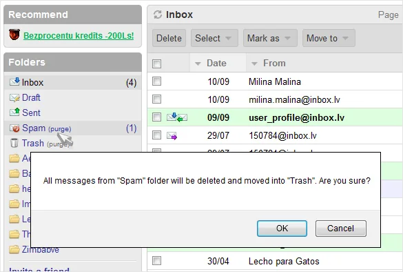 Inbox Mail: changes for SPAM folder