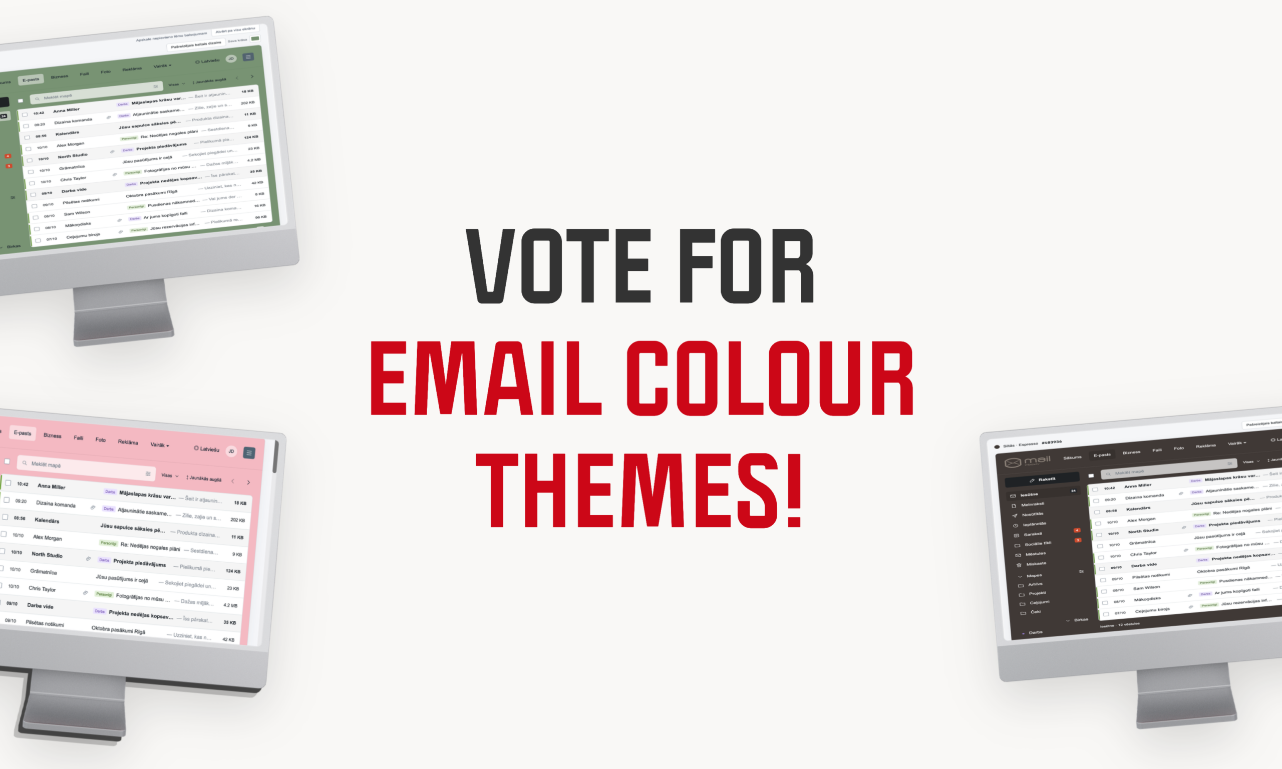 Inbox.lv email colour theme vote: inbox in different colours on computer screens